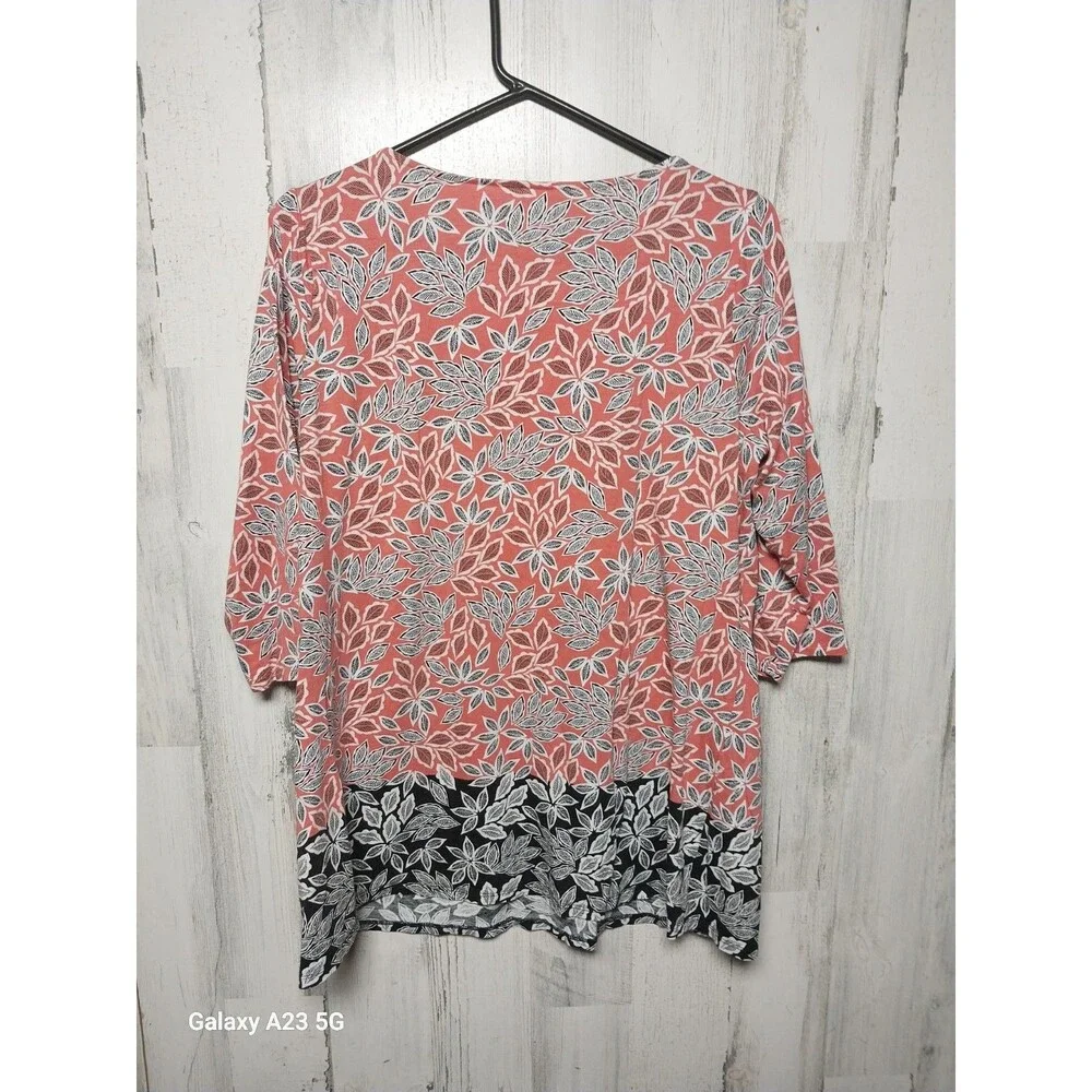 J. Jill Womens Blouse Pink Black Floral 3/4 Sleeve Jewel Neck Large